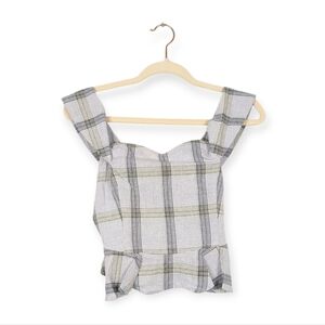 NWT Chriselle x J.O.A. Slate Blue Plaid Linen Blend Ruffle Hem Top Size S